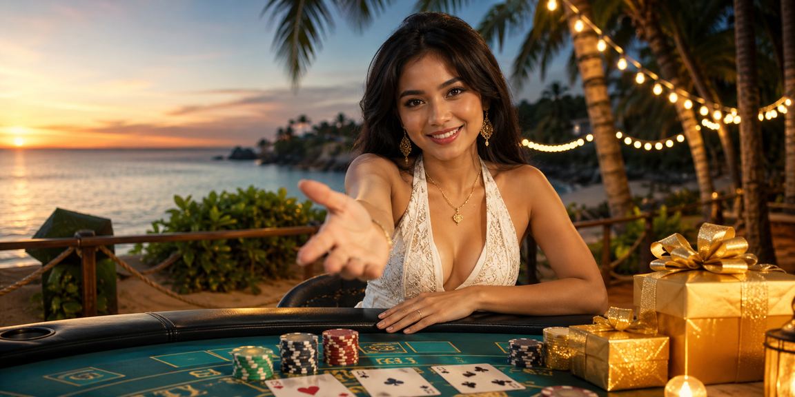 Meja baccarat di tepi pantai dengan suasana kasino terbuka dan pemain berkonsentrasi