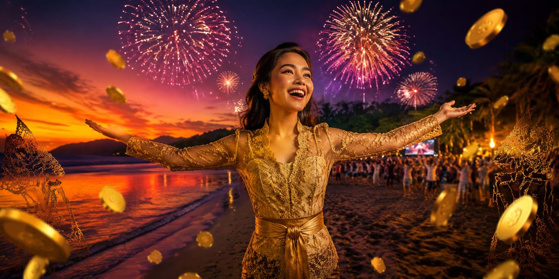 Suasana hiburan casino di tepi pantai dengan lampu warna-warni dan meja permainan