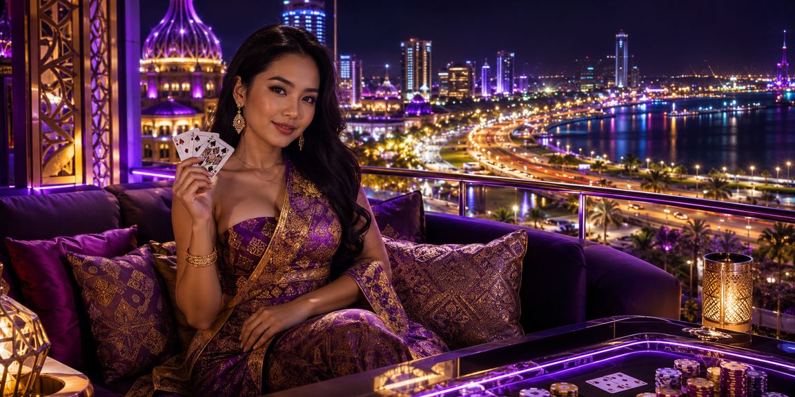 Permainan kartu dengan pencahayaan neon dramatis mencerminkan nuansa casino modern