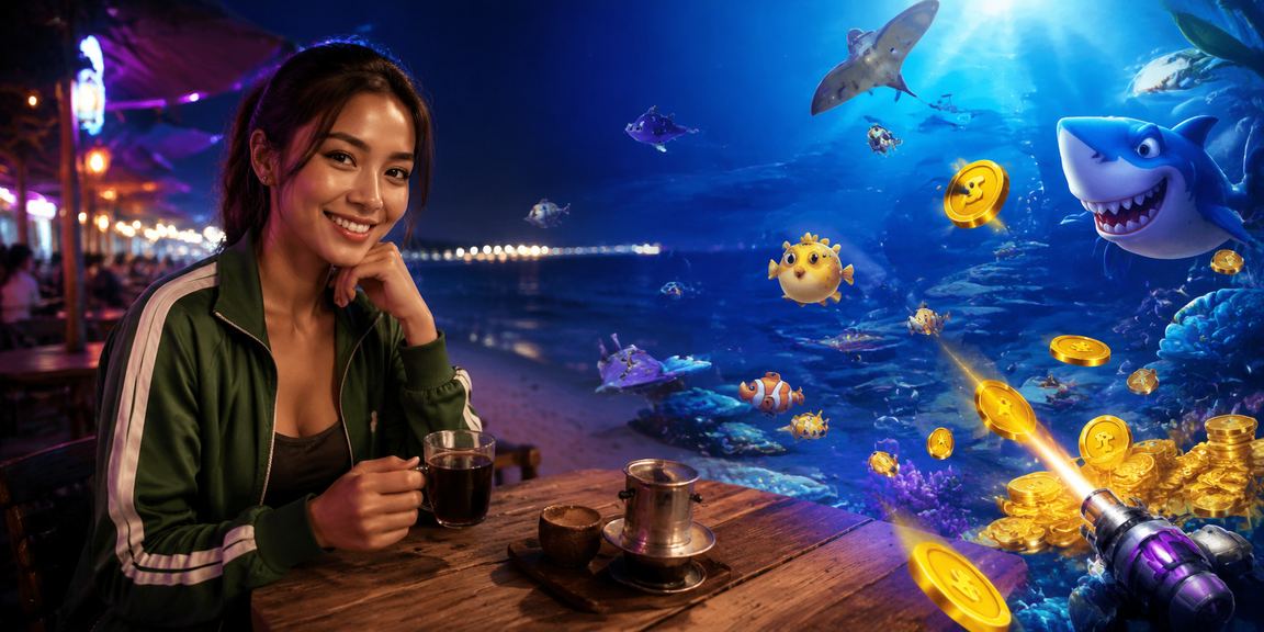 Suasana kafe Vietnam dengan permainan tembak ikan di layar dan secangkir kopi